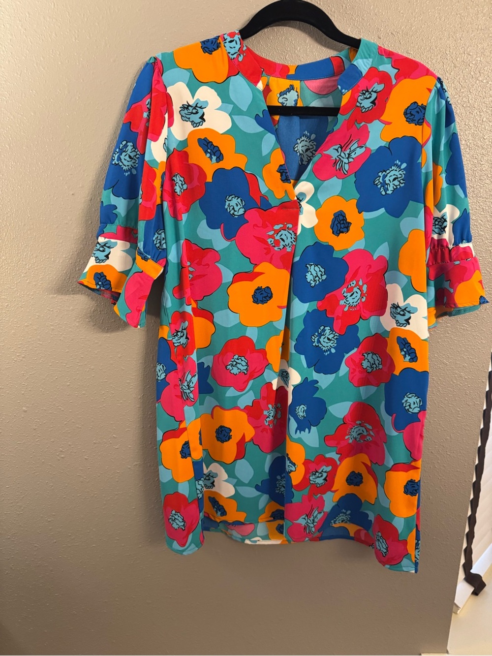 Women’s Bright Floral V-Neck Dress in Teal Multi